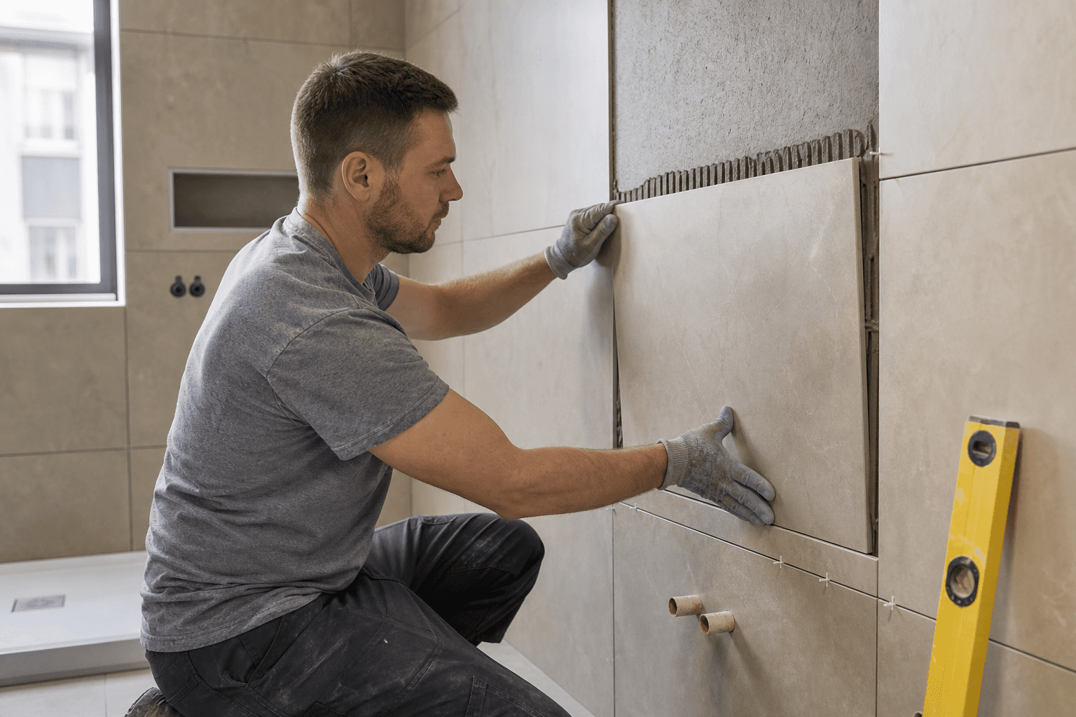 Bathroom with walk-in shower and light tiles